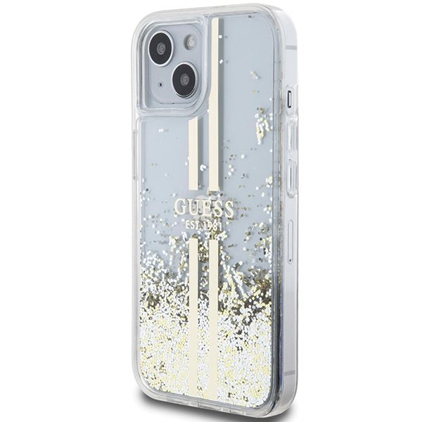 Guess iPhone 15 Liquid Glitter Gold Stripes Σκληρή Θήκη με Πλαίσιο Σιλικόνης - Διάφανη - GUHCP15SLFCSEGT