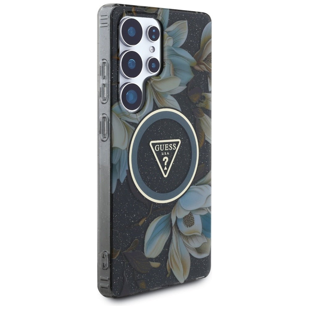 Guess Samsung Galaxy S25 Ultra - Glitter Flowers Triangle Buttons MagSafe - Σκληρή Θήκη με Πλαίσιο Σιλικόνης - Black - GUHMS25LHFLPEDK