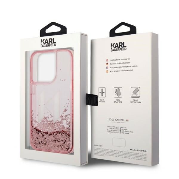 Karl Lagerfeld iPhone 14 Pro - Liquid Glitter Big KL Σκληρή Θήκη με Πλαίσιο Σιλικόνης - Διάφανη / Pink - KLHCP14LLBKLCP