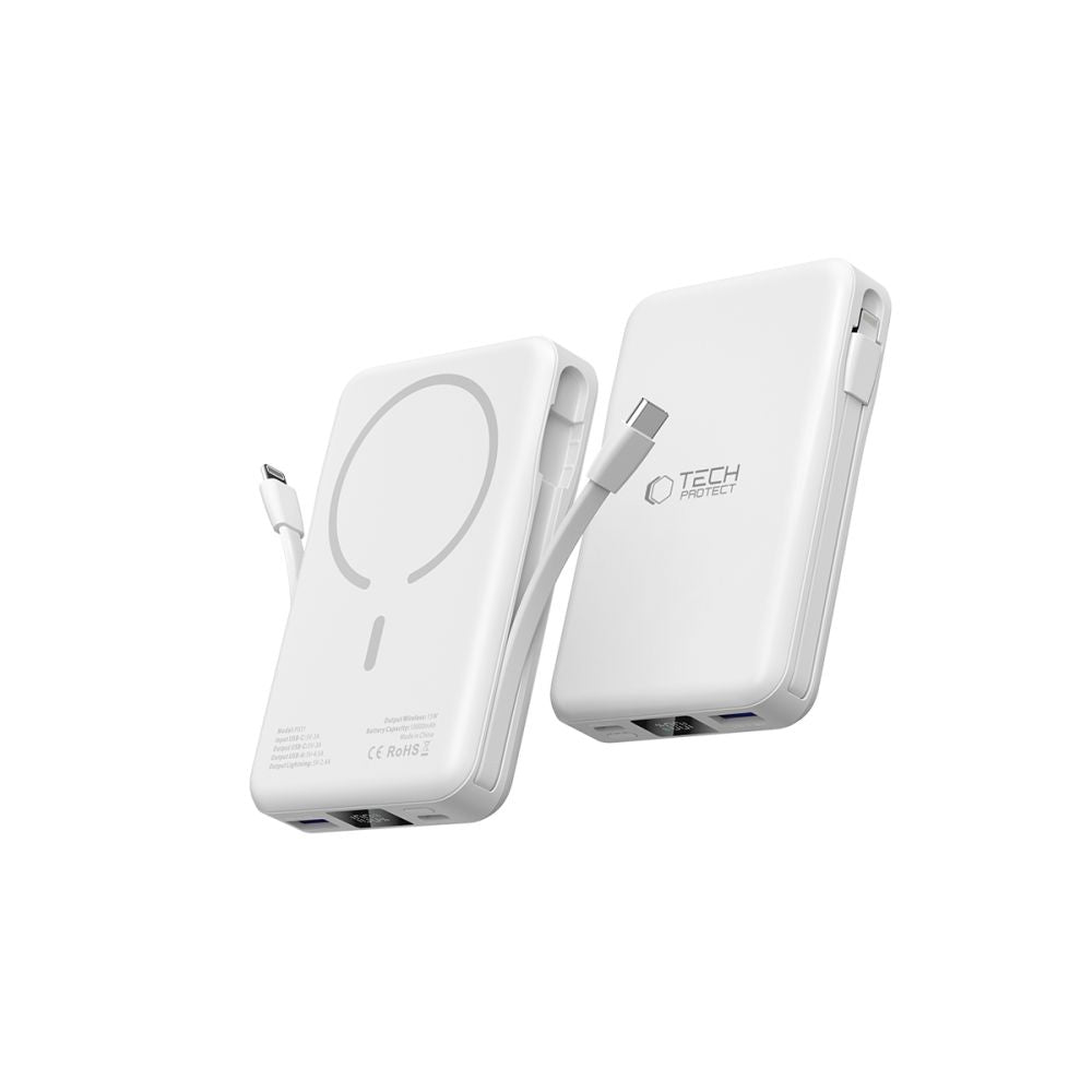 Tech - Protect PB31 Lifemag Ασύρματο MagSafe PowerBank Κινητού 10000 mAh με Ενσωματωμένο Καλώδιο Type - C και Lightning - White