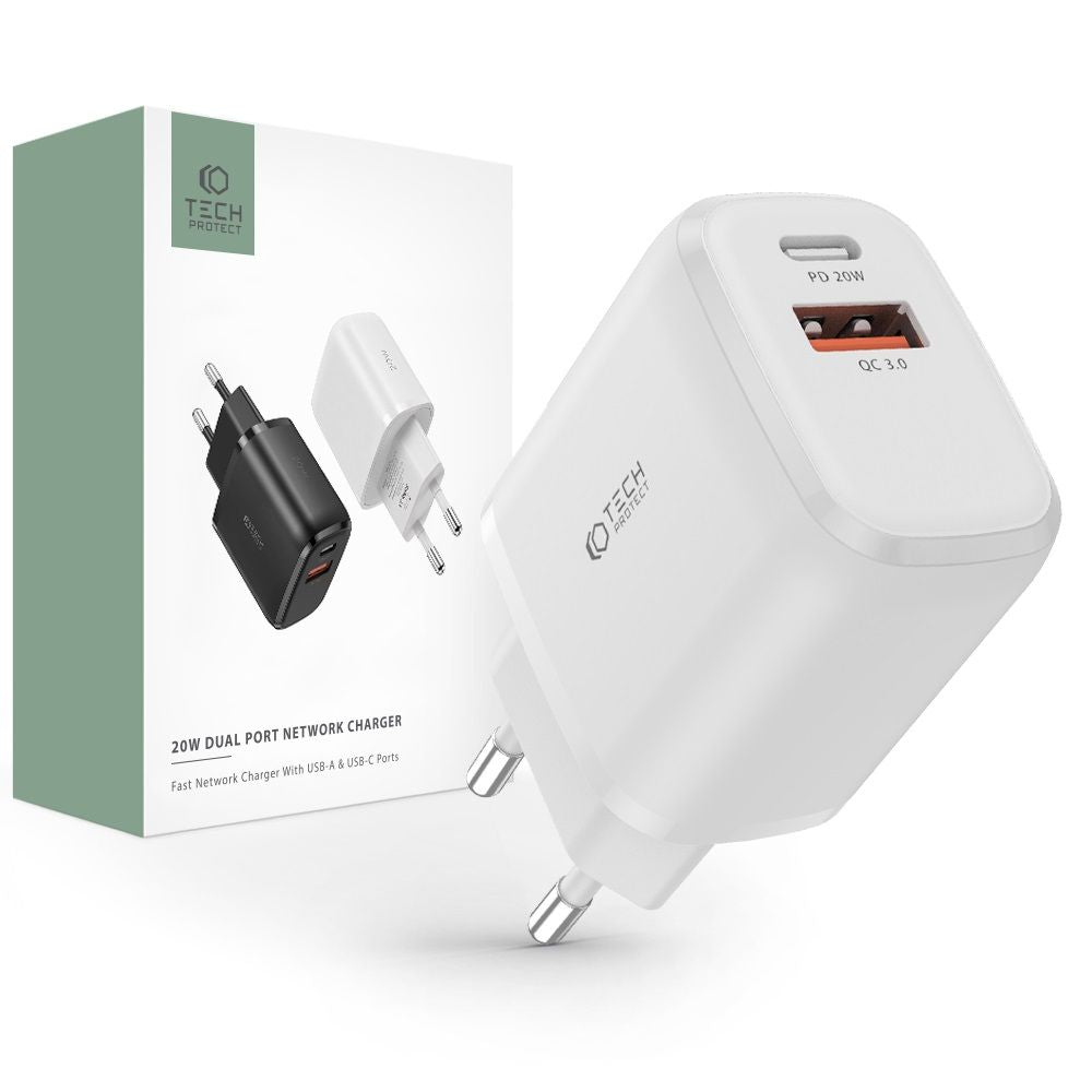 Tech - Protect C20W QC3.0 Οικιακός Φορτιστής Γρήγορης Φόρτισης με 2 Θύρες USB και Type C - White