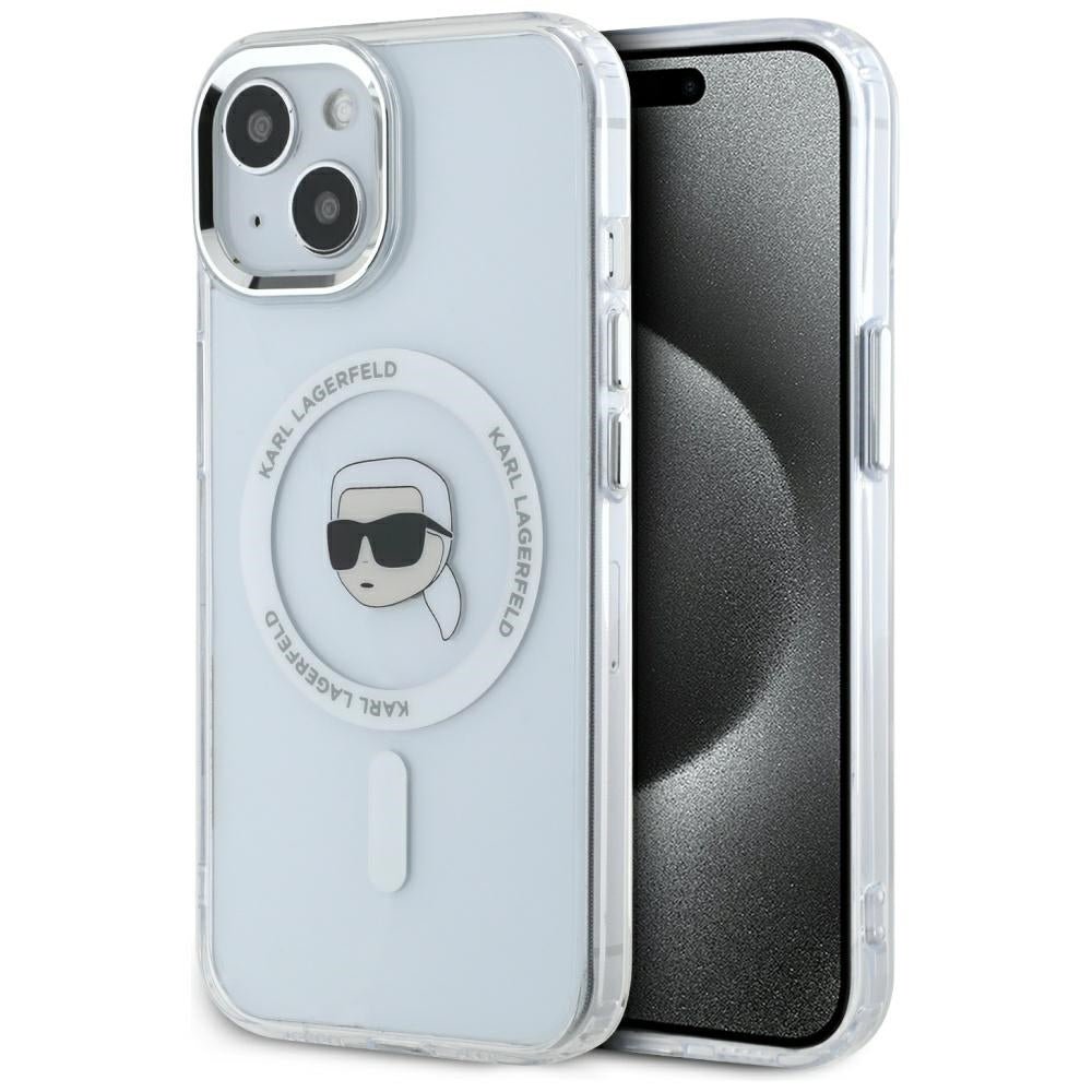 Karl Lagerfeld iPhone 15 Plus - IML Metal Karl Head - MagSafe Σκληρή Θήκη με Πλαίσιο Σιλικόνης - White - KLHMP15MHLSKIH