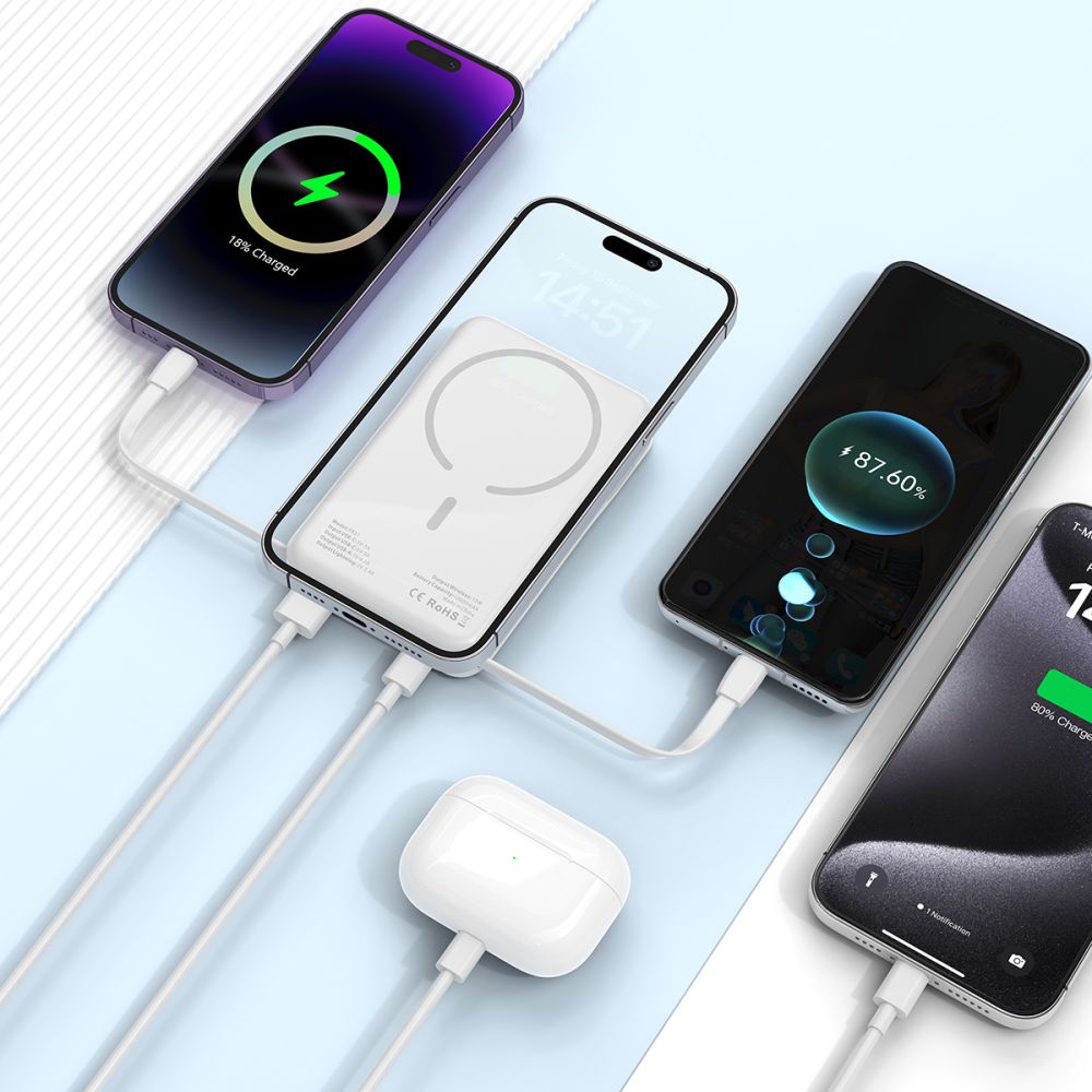 Tech - Protect PB31 Lifemag Ασύρματο MagSafe PowerBank Κινητού 10000 mAh με Ενσωματωμένο Καλώδιο Type - C και Lightning - White