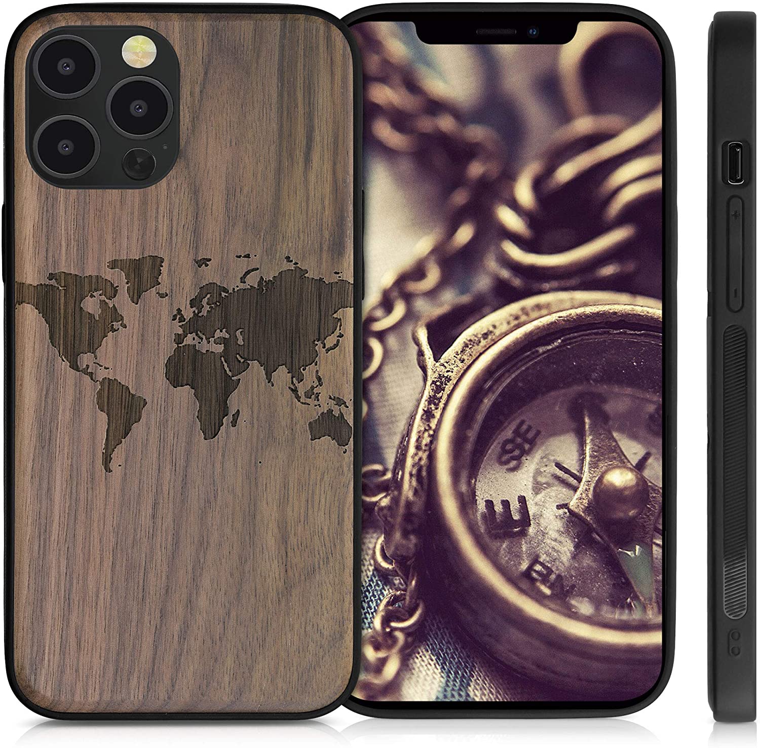 KW iPhone 12 Pro Max Θήκη από Φυσικό Ξύλο Design Travel Outline - Dark Brown - 52736.02