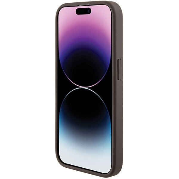 Guess iPhone 15 Pro Max Grip Stand 4G Triangle Strass Logo Θήκη με Επένδυση Συνθετικού Δέρματος και Stand - Brown - GUHCP15XPGS4TDW