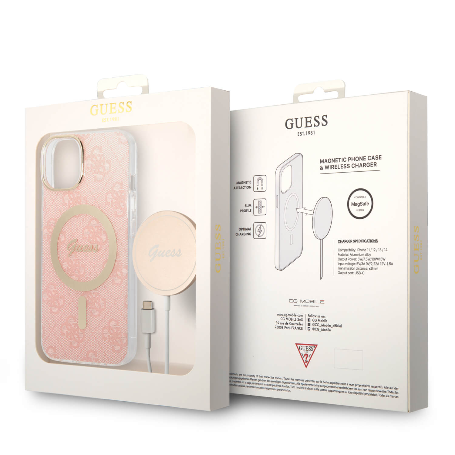 Guess iPhone 15 / 14 / 13 - Bundle Pack - Σετ Σκληρή Θήκη με Πλαίσιο Σιλικόνης και Ασύρματος Φορτιστής MagSafe - Design 4G Print MagSafe - Pink - GUBPP14SH4EACSP