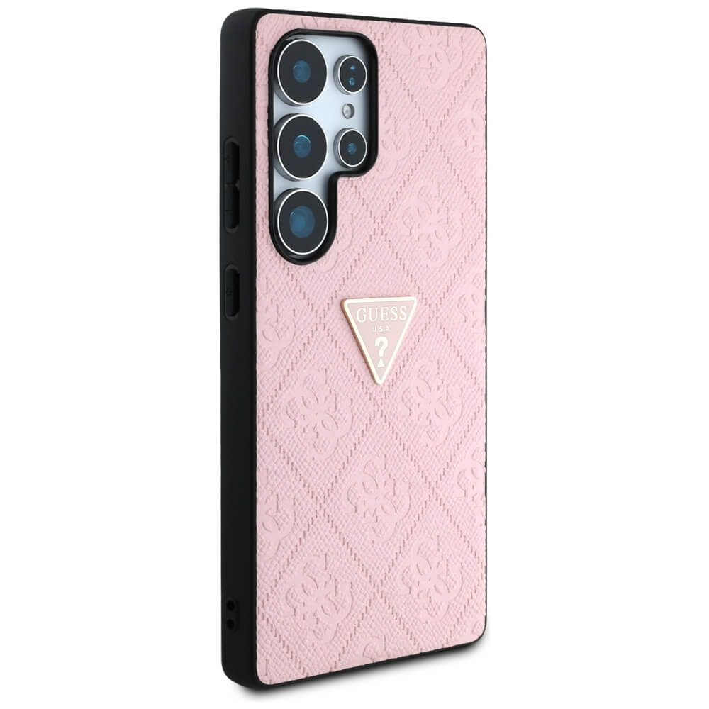 Guess Samsung Galaxy S25 Ultra - Hot Stamp 4G Pattern Triangle Metal Logo - Θήκη με Επένδυση Συνθετικού Δέρματος και Πλαίσιο Σιλικόνης - Pink - GUHCS25LPGP4STRP