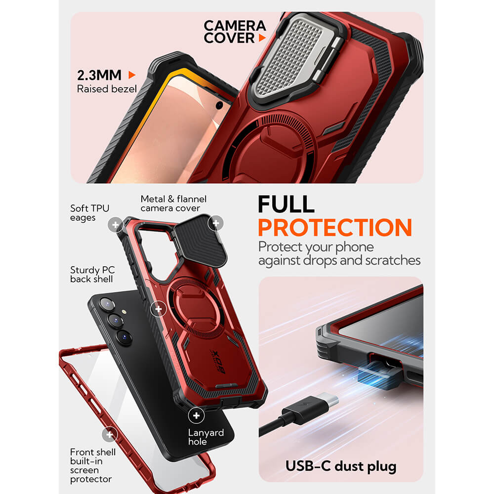 Supcase Samsung Galaxy S25 Armorbox Magsafe Σκληρή Θήκη με Προστασία Οθόνης και Κάλυμμα Κάμερας / Stand - Metallic Red