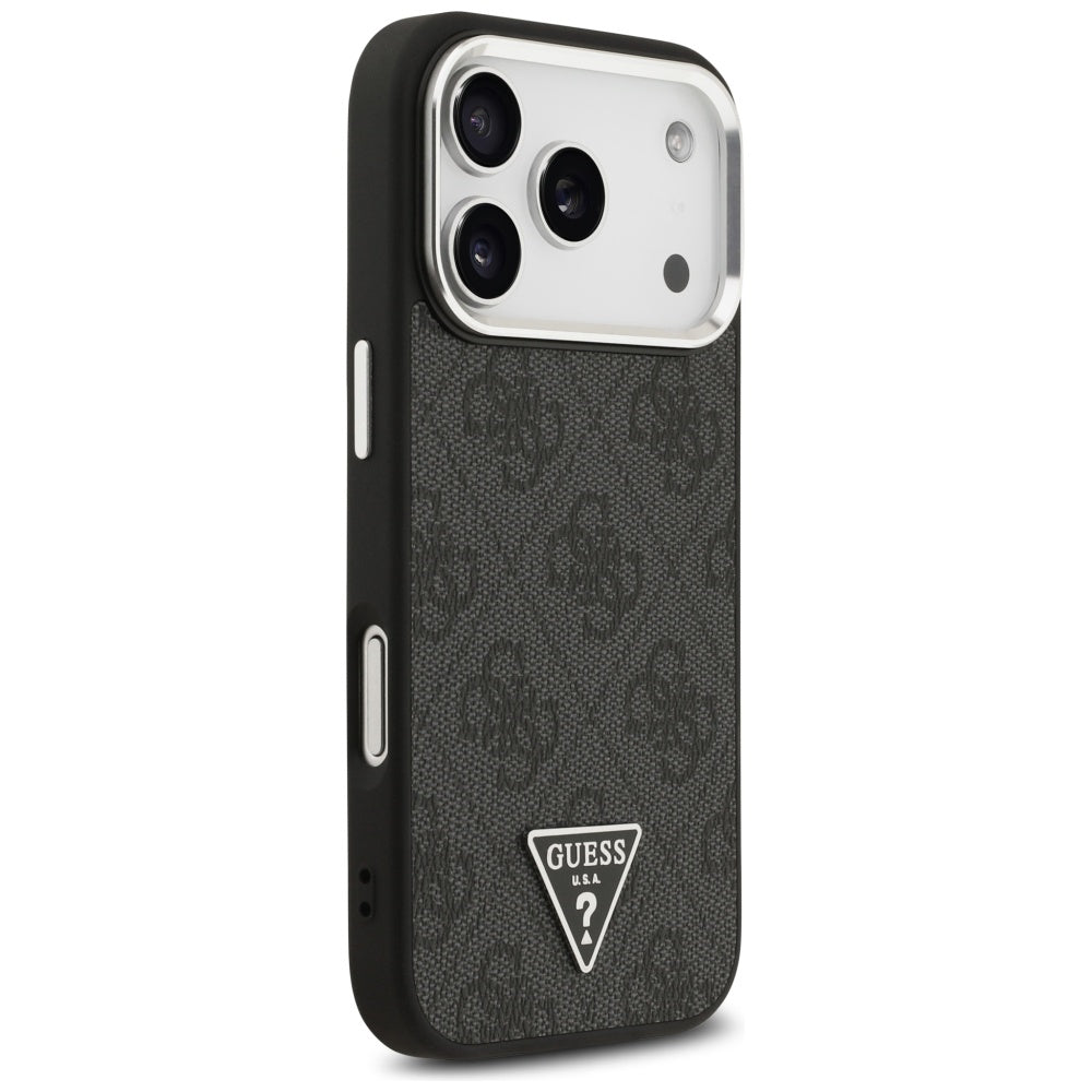 Guess iPhone 17 Pro - 4G Triangle Logo MagSafe - Σκληρή Θήκη με Πλαίσιο Σιλικόνης και Επένδυση Συνθετικού Δέρματος - Black / Silver - GUHMP17LP4TSRCMK