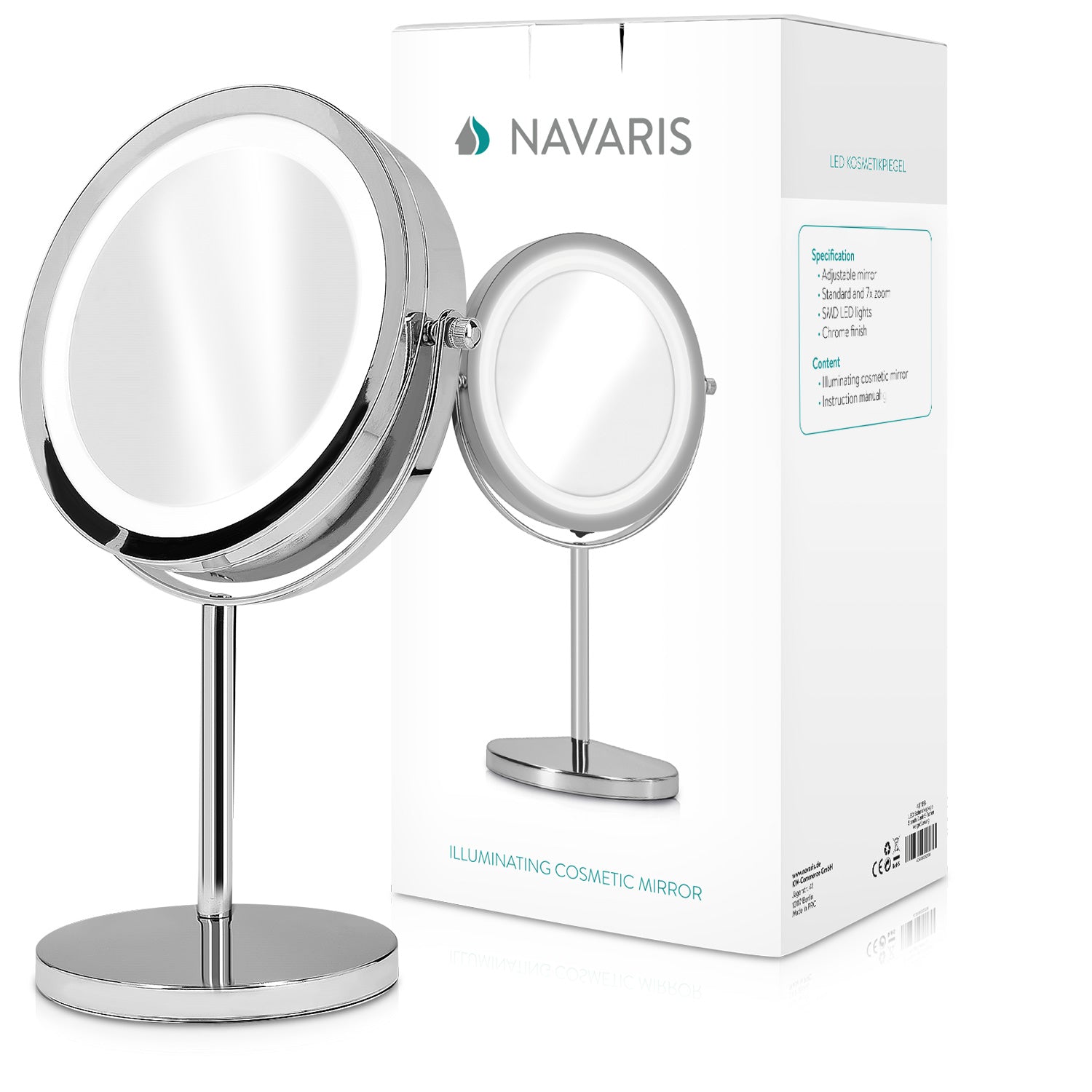 Navaris LED Illuminated Two - Sided Vanity Makeup Mirror - Περιστρεφόμενος Φωτιζόμενος Καθρέπτης LED - Silver - 43104
