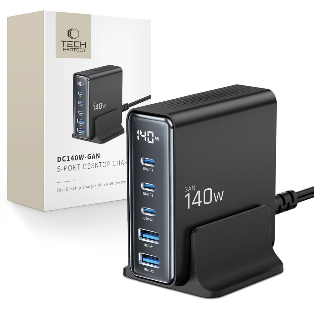 Tech - Protect DC140W - GAN Σταθμός Φόρτισης με 2 Θύρες USB και 3 Θύρες Type - C - PD140W/QC3.0 - Black