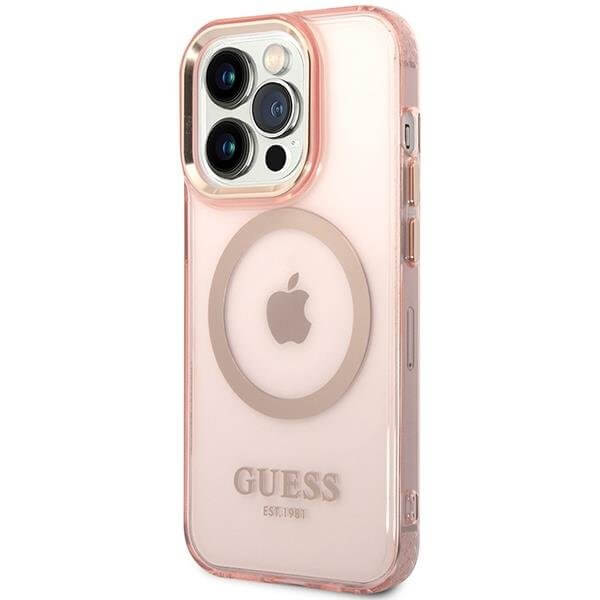 Guess iPhone 14 Pro Max Gold Outline Translucent MagSafe Σκληρή Θήκη με Πλαίσιο Σιλικόνης και MagSafe - Pink - GUHMP14XHTCMP