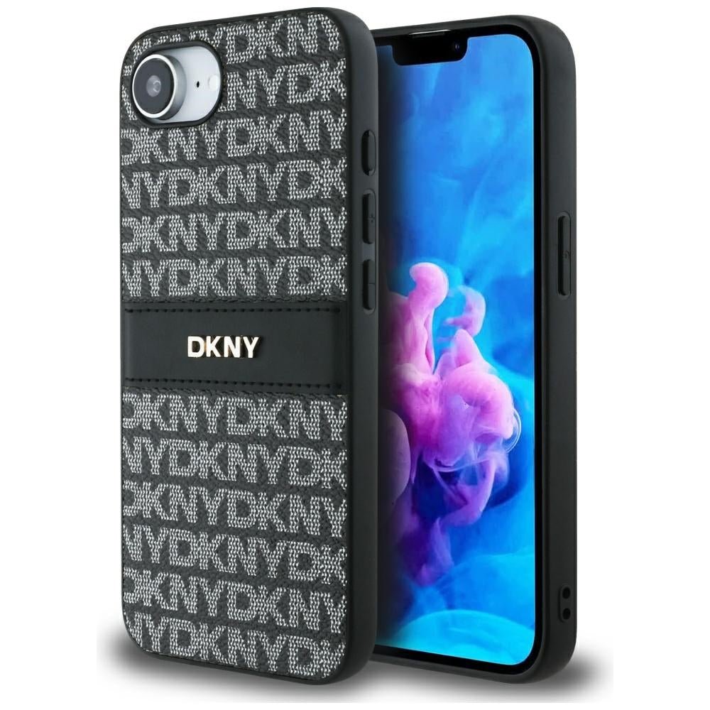 DKNY iPhone 16e - Repeat Texture Pattern with Tonal Stripe - Σκληρή Θήκη με Πλαίσιο Σιλικόνης και Επένδυση Συνθετικού Δέρματος - Black