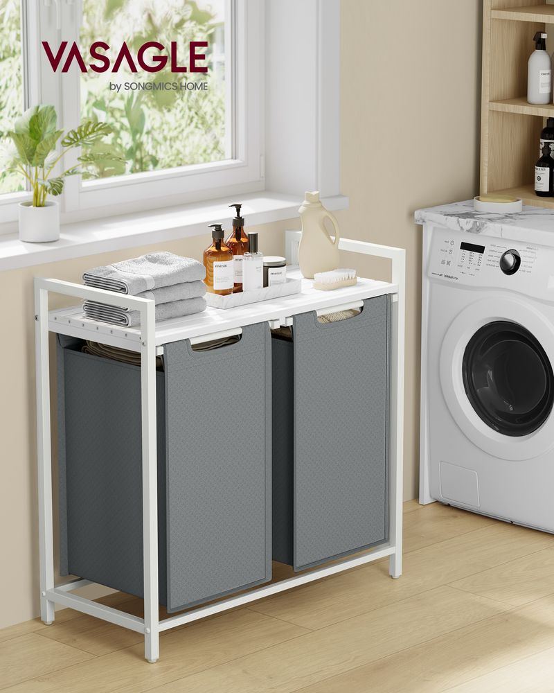 Vasagle Καλάθι Απλύτων με 2 Διαμερίσματα και Ράφι - 92L - White / Light Grey - BLH201W11