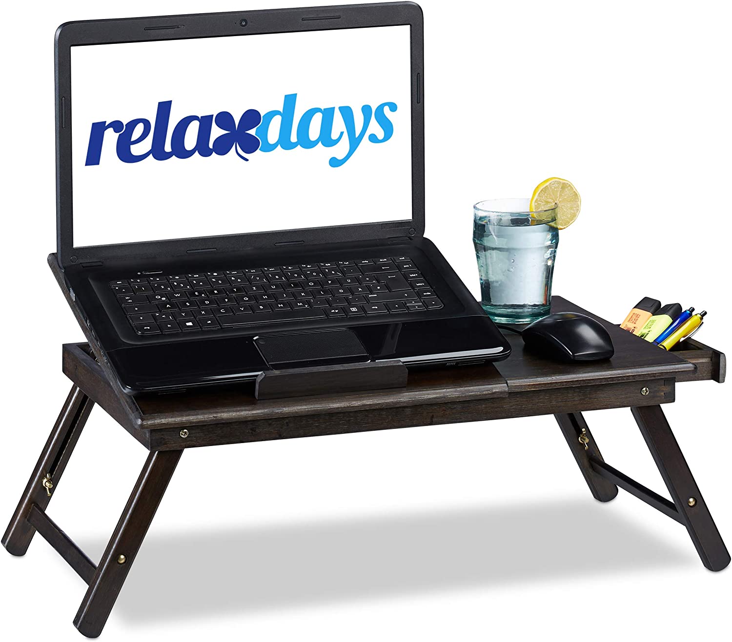 Relaxdays Bamboo Τραπεζάκι Κρεβατιού με Ρυθμιζόμενο Ύψος για Φορητό Υπολογιστή με Βάση για Ποτήρι - Brown - 4052025232559