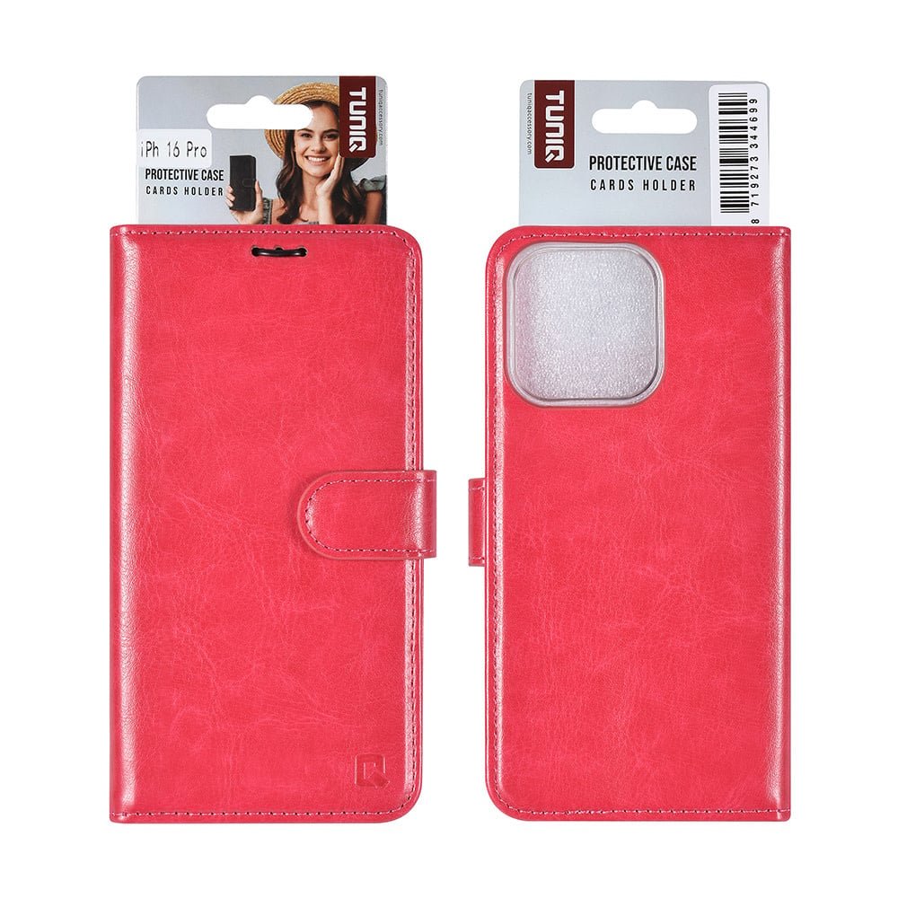 Tuniq iPhone 16 Pro - Θήκη Πορτοφόλι Stand από Δερματίνη - Hot Pink