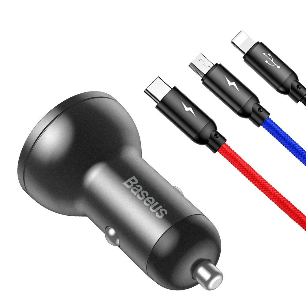 Baseus Digital Display Φορτιστής Αυτοκινήτου 4.8A με Δύο Θύρες USB και Καλώδιο Lightning / Type - C / Micro USB - Black - TZCCBX - 0G