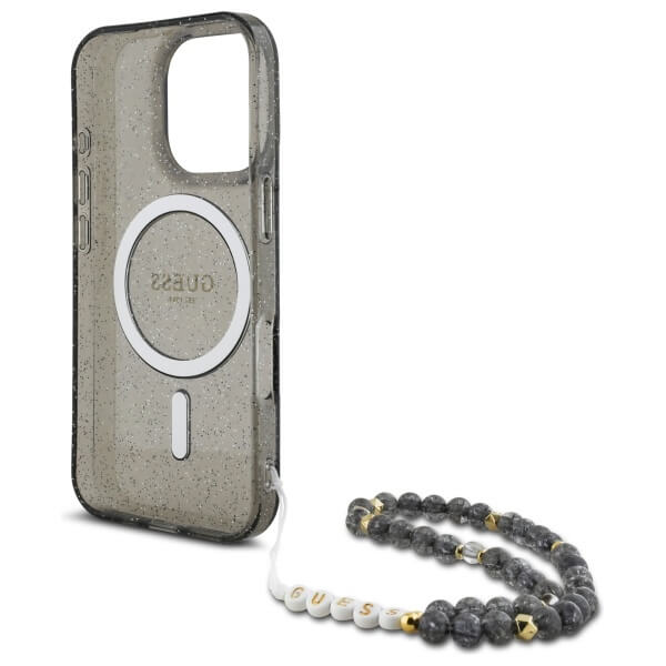 Guess iPhone 16 Pro Max - IML Glitter With Pearl Strap - MagSafe Σκληρή Θήκη με Πλαίσιο Σιλικόνης και Λουράκι - Black - GUHMP16XHGCRELSK