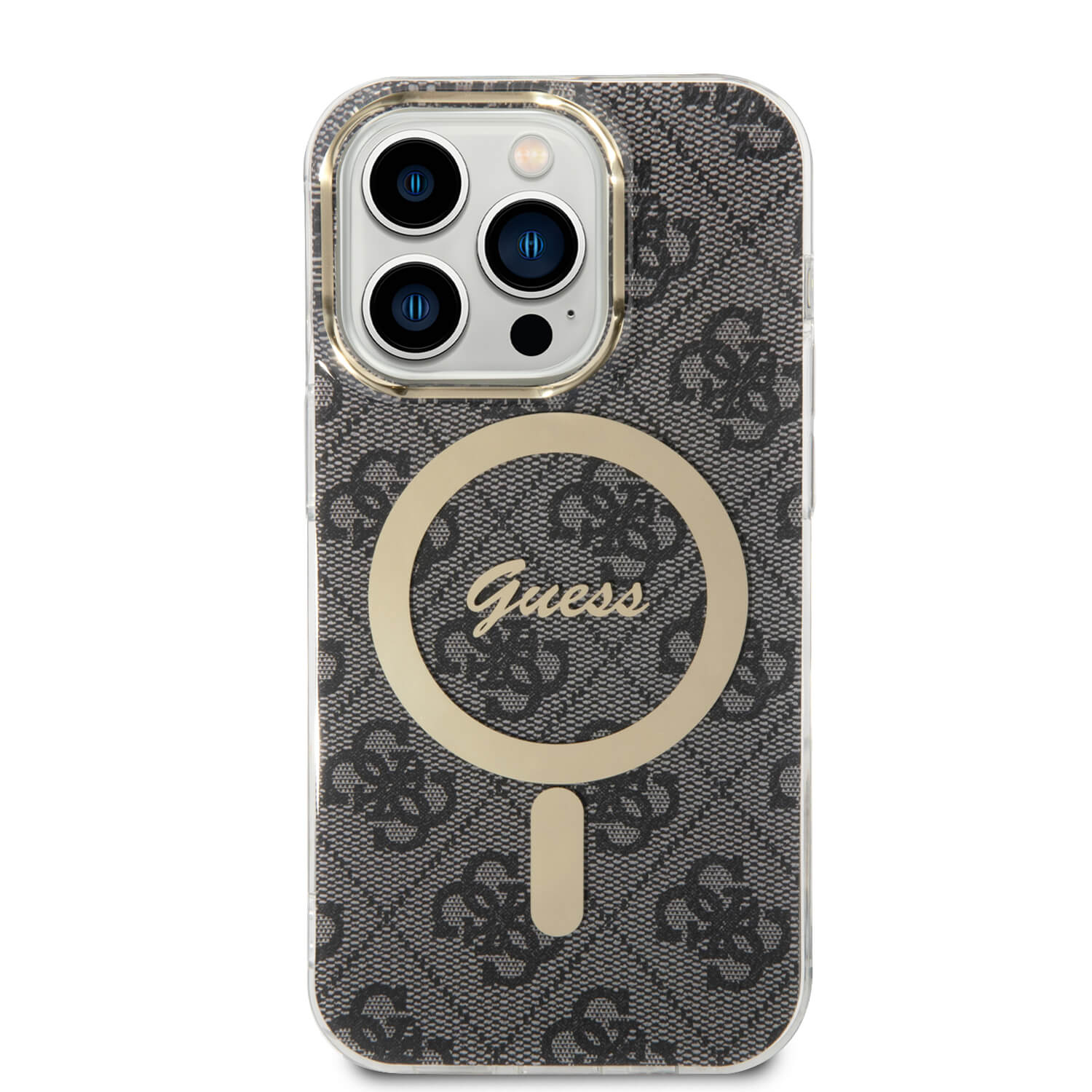 Guess iPhone 14 Pro Max - Bundle Pack MagSafe - Σετ Σκληρή Θήκη με Πλαίσιο Σιλικόνης και Ασύρματος Φορτιστής MagSafe - Design 4G and Gold - Black - GUBPP14XH4EACSK