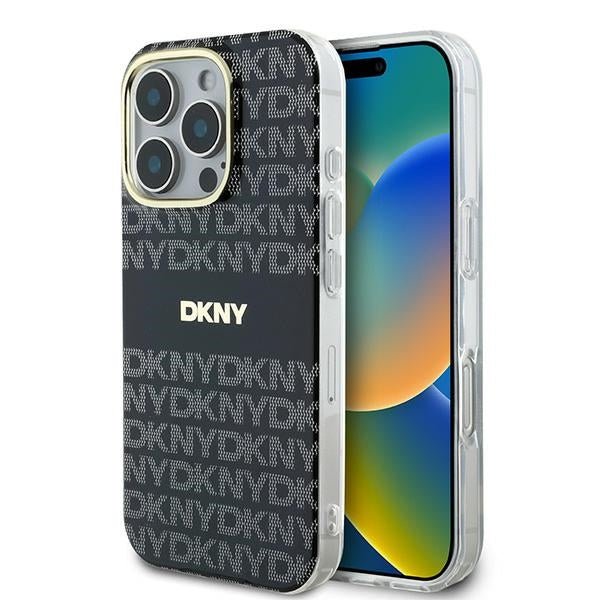 DKNY iPhone 16 Pro Max - Repeat Texture Pattern With Stripe - Σκληρή Θήκη με Πλαίσιο Σιλικόνης - Black