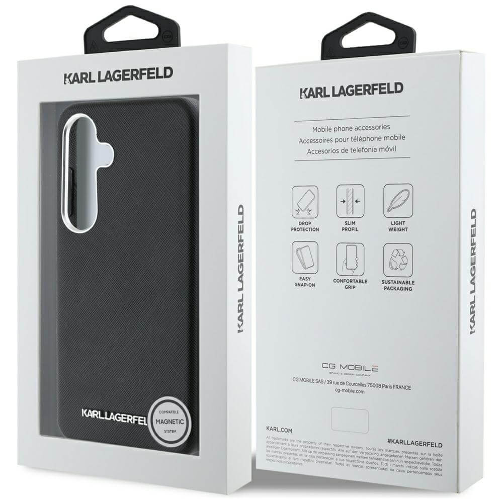 Karl Lagerfeld Samsung Galaxy S25 Plus - Saffiano Full Wrapped Elongated Metal Logo - MagSafe Σκληρή Θήκη με Επένδυση Συνθετικού Δέρματος και Πλαίσιο Σιλικόνης - Black - KLHMS25MPSAFWMCK