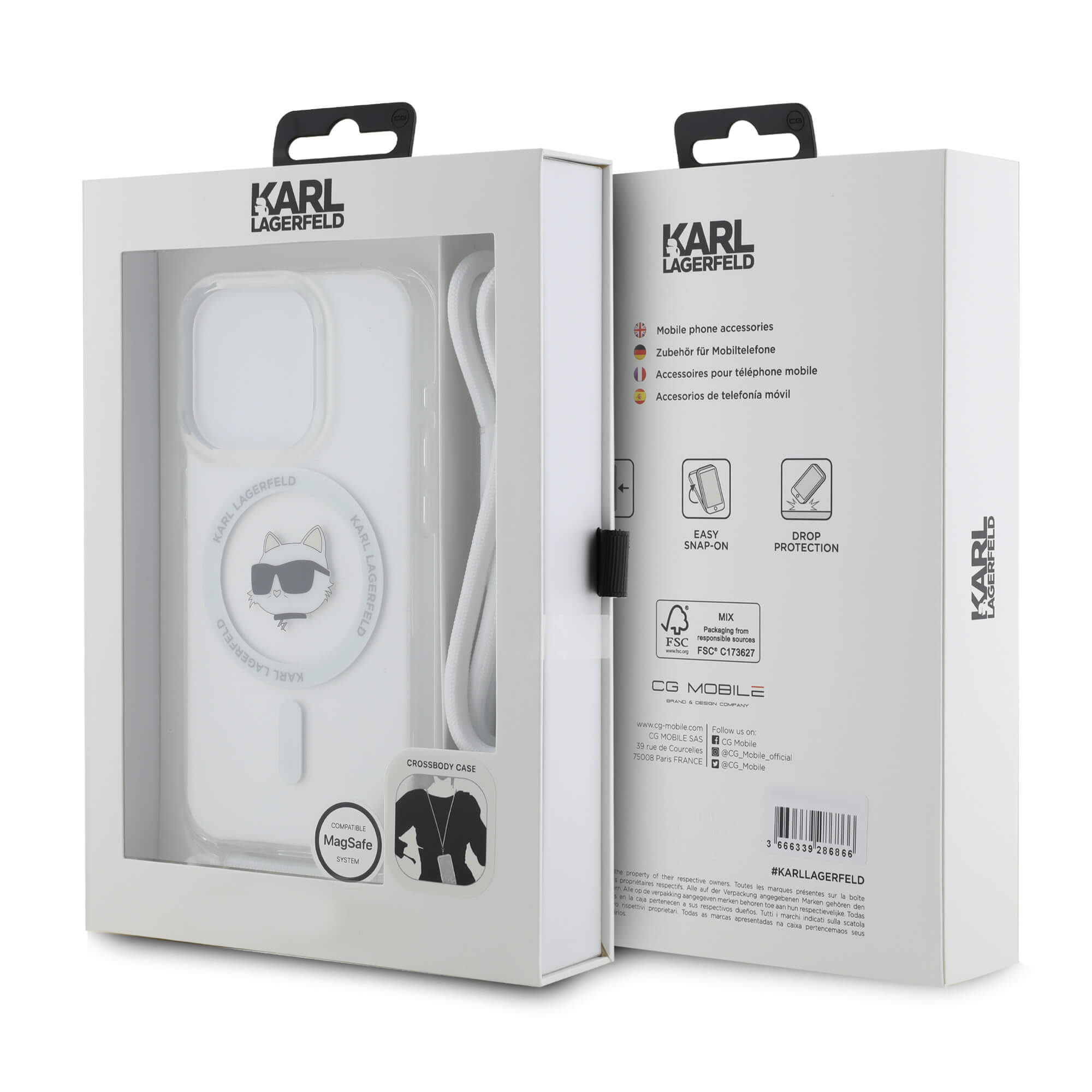 Karl Lagerfeld iPhone 15 Pro - IML Choupette Head and Cord - MagSafe Σκληρή Θήκη με Πλαίσιο Σιλικόνης και Λουράκι - Διάφανη - KLHMP15LHCCHNT