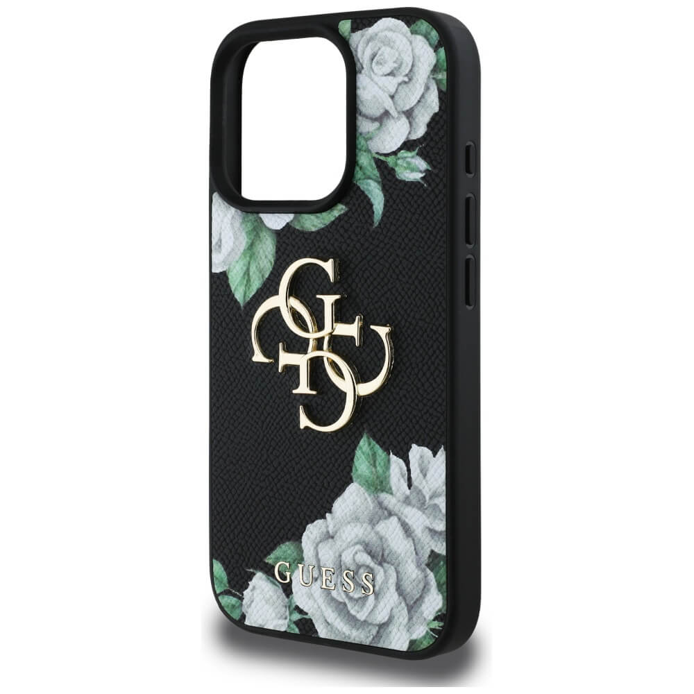 Guess iPhone 16 Pro - Grained Roses Big 4G Logo - Σκληρή Θήκη με Επένδυση από Οικολογικό Δέρμα - Black - GUHCP16LPGROP4MK