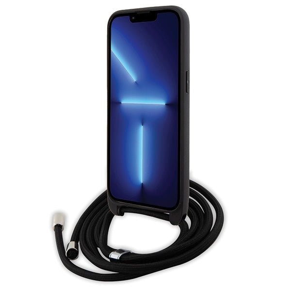 Karl Lagerfeld iPhone 15 Pro Max - Crossbody Saffiano Monogram Metal Pin Karl Choupette Σκληρή Θήκη με Επένδυση Συνθετικού Δέρματος και Λουράκι - Black - KLHCP15XSASKNPSK