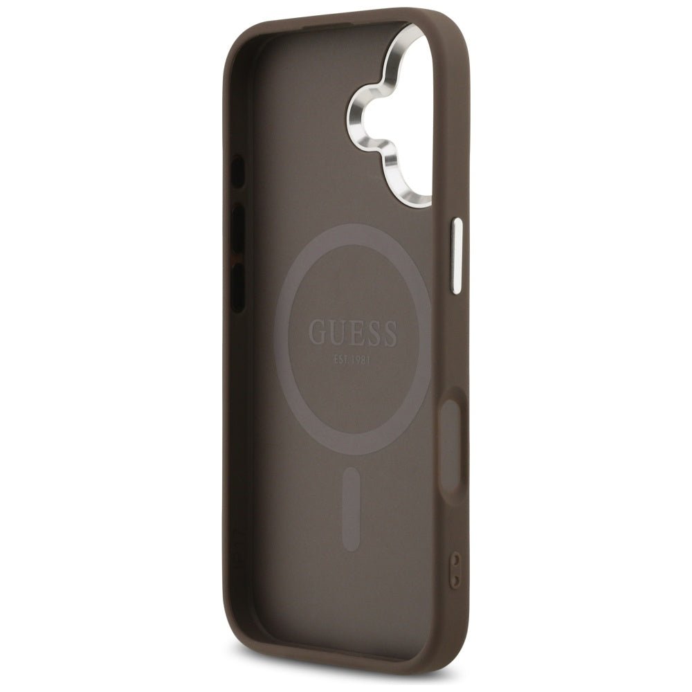 Guess iPhone 17 - 4G Triangle Logo MagSafe - Σκληρή Θήκη με Πλαίσιο Σιλικόνης και Επένδυση Συνθετικού Δέρματος - Brown / Silver - GUHMP17SP4TSRCMW