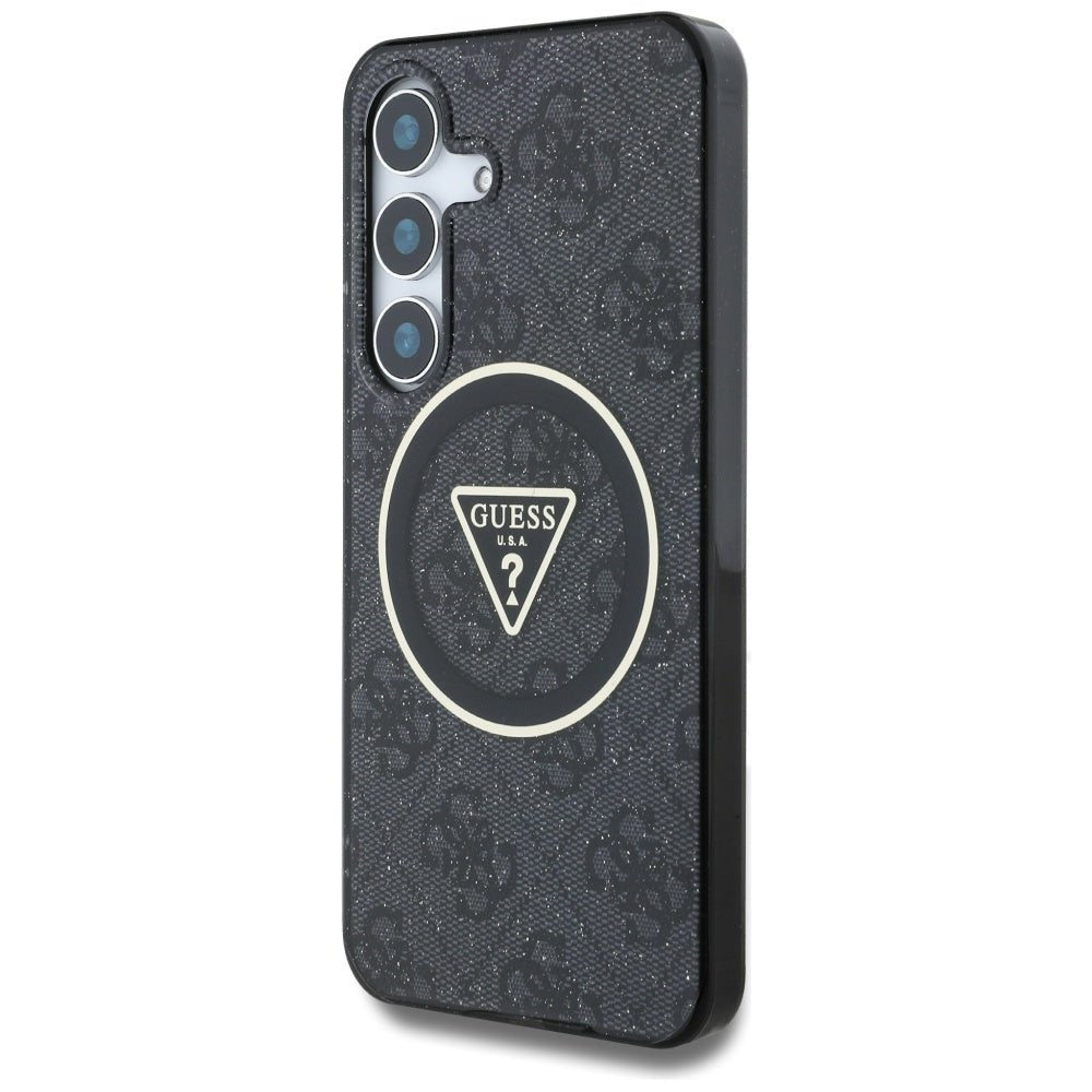 Guess Samsung Galaxy S25 - 4G Glitter Triangle Buttons - MagSafe Σκληρή Θήκη με Πλαίσιο Σιλικόνης - Black - GUHMS25SHG4PRTGK