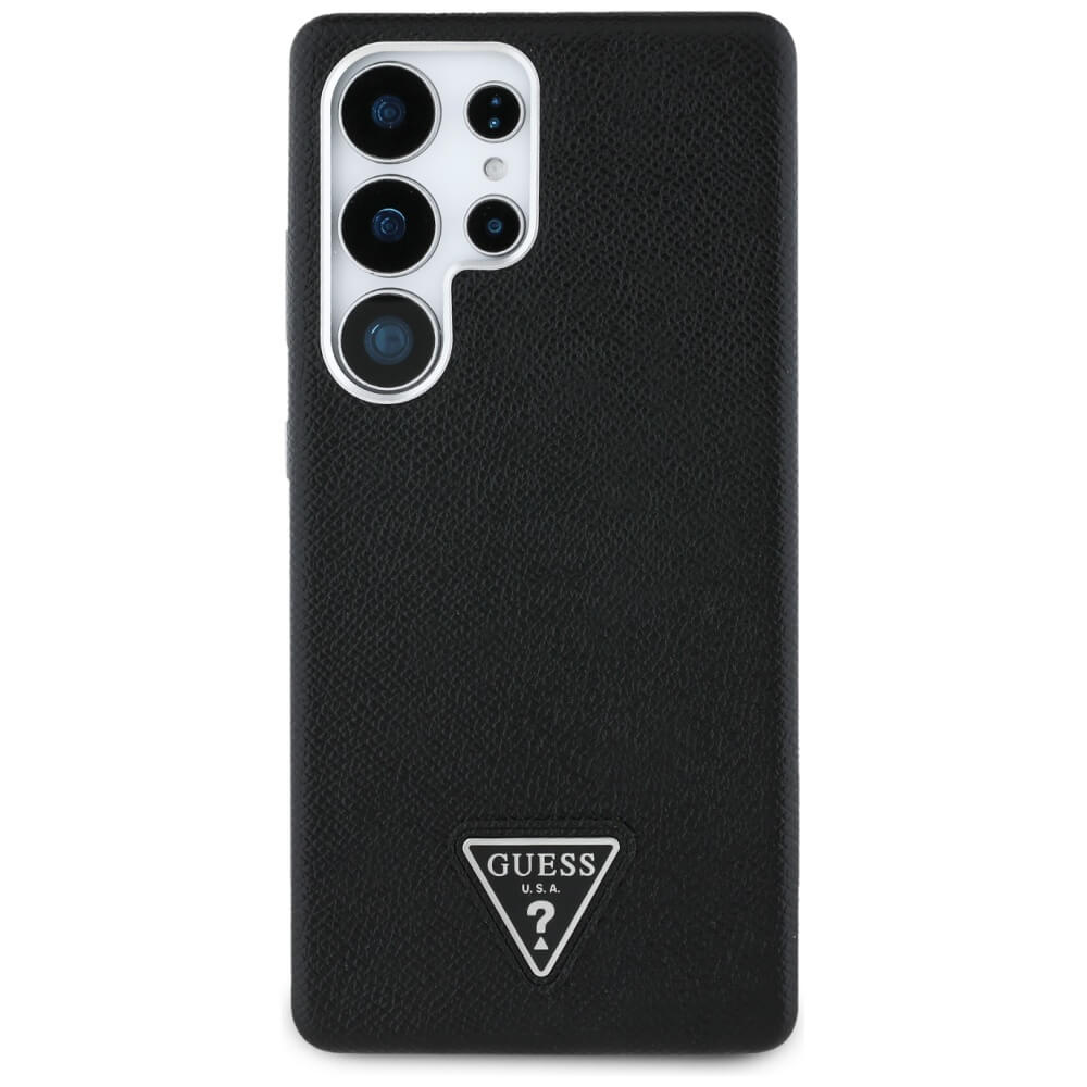 Guess Samsung Galaxy S25 Ultra - Grained Triangle Logo - MagSafe Σκληρή Θήκη με Πλαίσιο Σιλικόνης και Συνθετικό Δέρμα - Black - GUHMS25LPGTSPSK