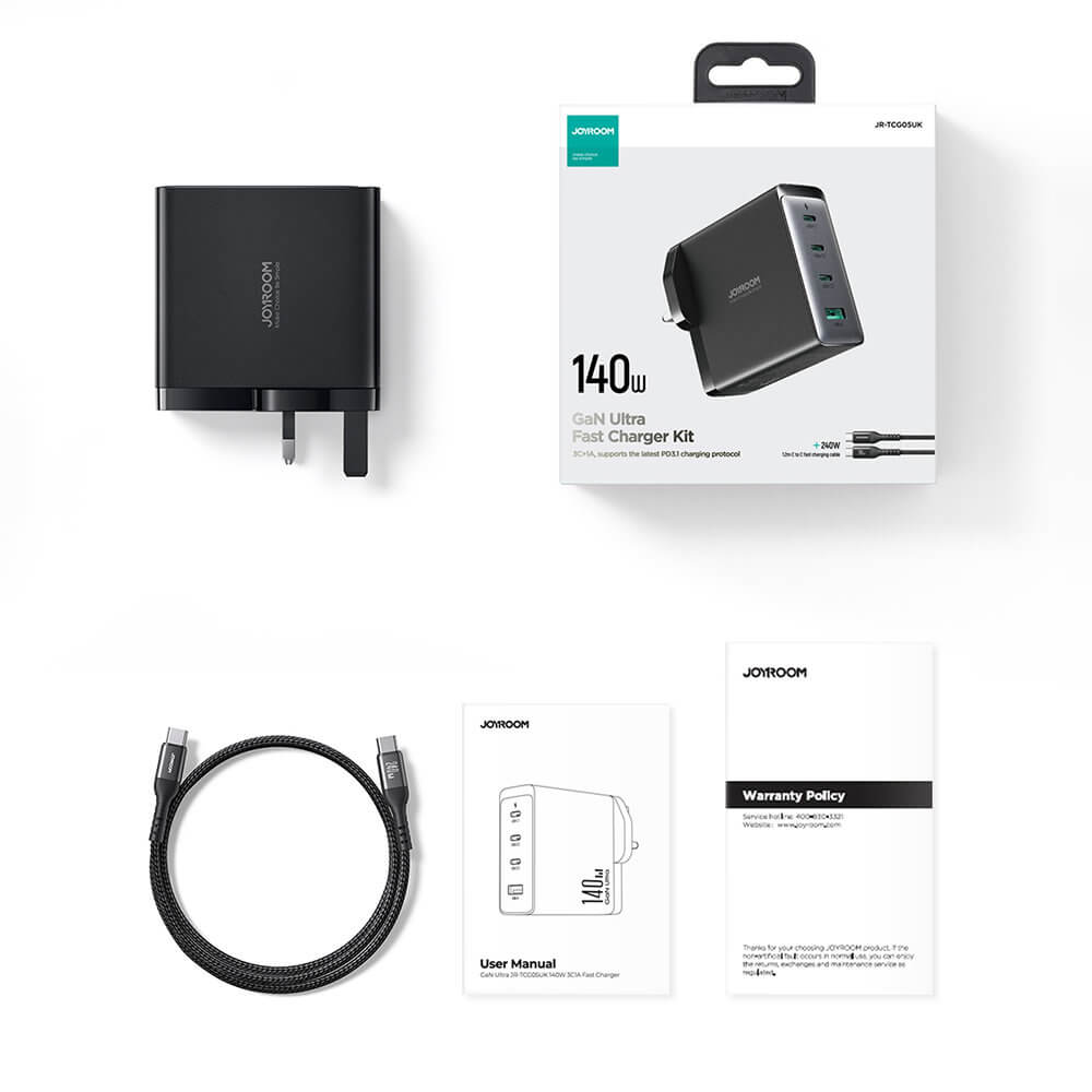 JOYROOM JR - TCG05EU GAN 140W Οικιακός Φορτιστής Γρήγορης Φόρτισης με 3 Θύρες Type - C και 1 Θύρα USB και Καλώδιο Type - C to Type - C - Black