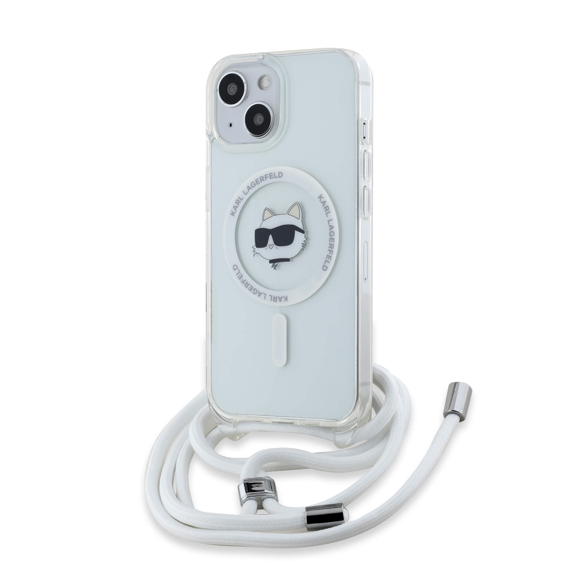 Karl Lagerfeld iPhone 15 / 14 / 13 - IML Choupette Head and Cord - MagSafe Σκληρή Θήκη με Πλαίσιο Σιλικόνης και Λουράκι - Διάφανη - KLHMP13MHCCHNT
