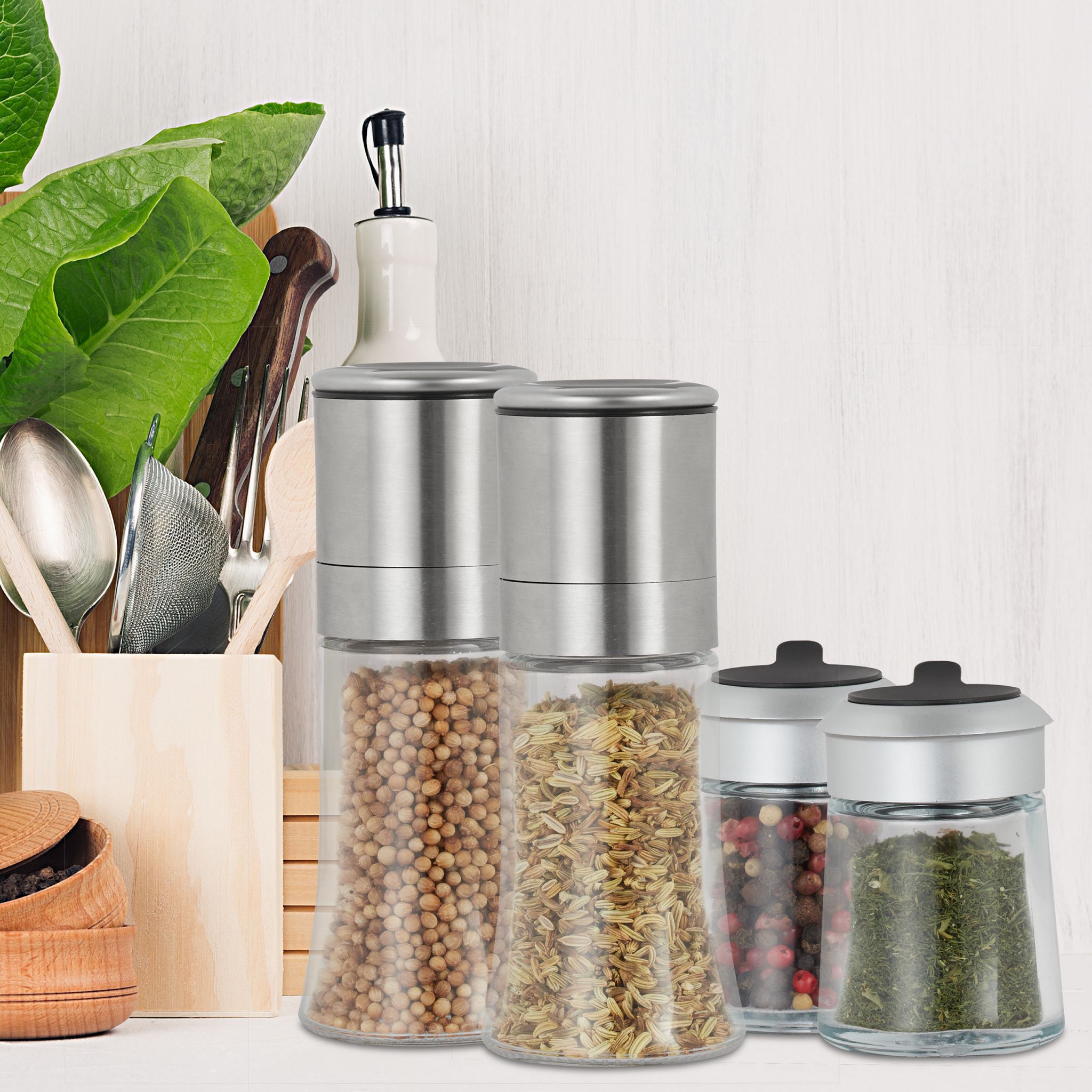 Relaxdays Σετ με 2 Χειροκίνητους Μύλους Μπαχαρικών και 2 Δοχεία Μπαχαρικών - Silver - 4052025367398