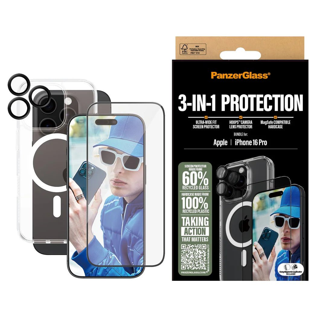 PanzerGlass iPhone 16 Pro - Σετ με 1 Αντιχαρακτικό Γυαλί Οθόνης Ultra - Wide Fit, 1 Αντιχαρακτικό Γυαλί για την Κάμερα και 1 Σκληρή Θήκη με MagSafe - Διάφανο