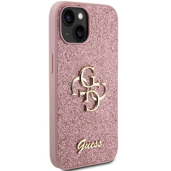 Guess iPhone 15 Glitter Script Big 4G Σκληρή Θήκη με Πλαίσιο Σιλικόνης - Pink - GUHCP15SHG4SGP