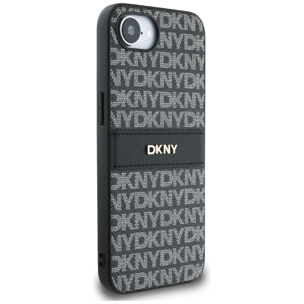 DKNY iPhone 16e - Repeat Texture Pattern with Tonal Stripe - Σκληρή Θήκη με Πλαίσιο Σιλικόνης και Επένδυση Συνθετικού Δέρματος - Black