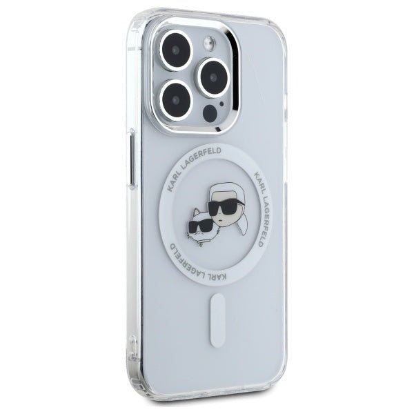 Karl Lagerfeld iPhone 15 Pro - IML Metal Karl and Choupette Head - Σκληρή Θήκη με Πλαίσιο Σιλικόνης και MagSafe - White - KLHMP15LHLSKCH