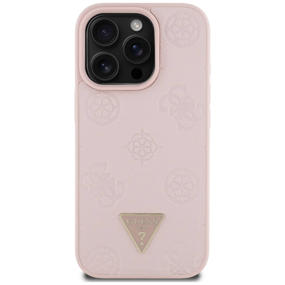 Guess iPhone 16 Pro - Grained Hot Stamp Peony Triangle Logo - MagSafe Σκληρή Θήκη με Επένδυση Συνθετικού Δέρματος - Pink - GUHMP16LPGBTMP