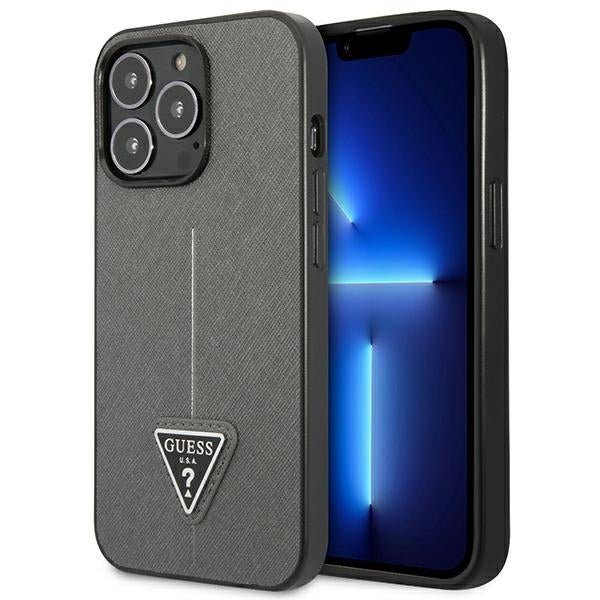 Guess iPhone 14 Pro Saffiano Σκληρή Θήκη με Πλαίσιο Σιλικόνης - Silver - GUHCP14LPSATLG