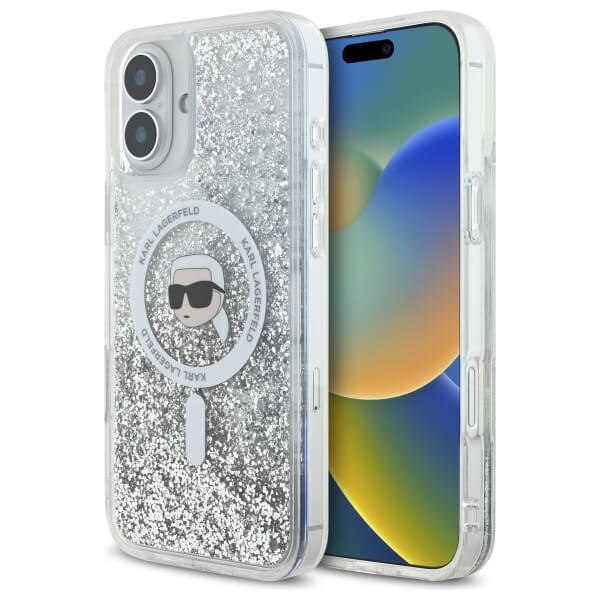 Karl Lagerfeld iPhone 16 - Liquid Glitter Karl Head MagSafe - Σκληρή Θήκη με Πλαίσιο Σιλικόνης - Διάφανη - KLHMP16SLGKISGH