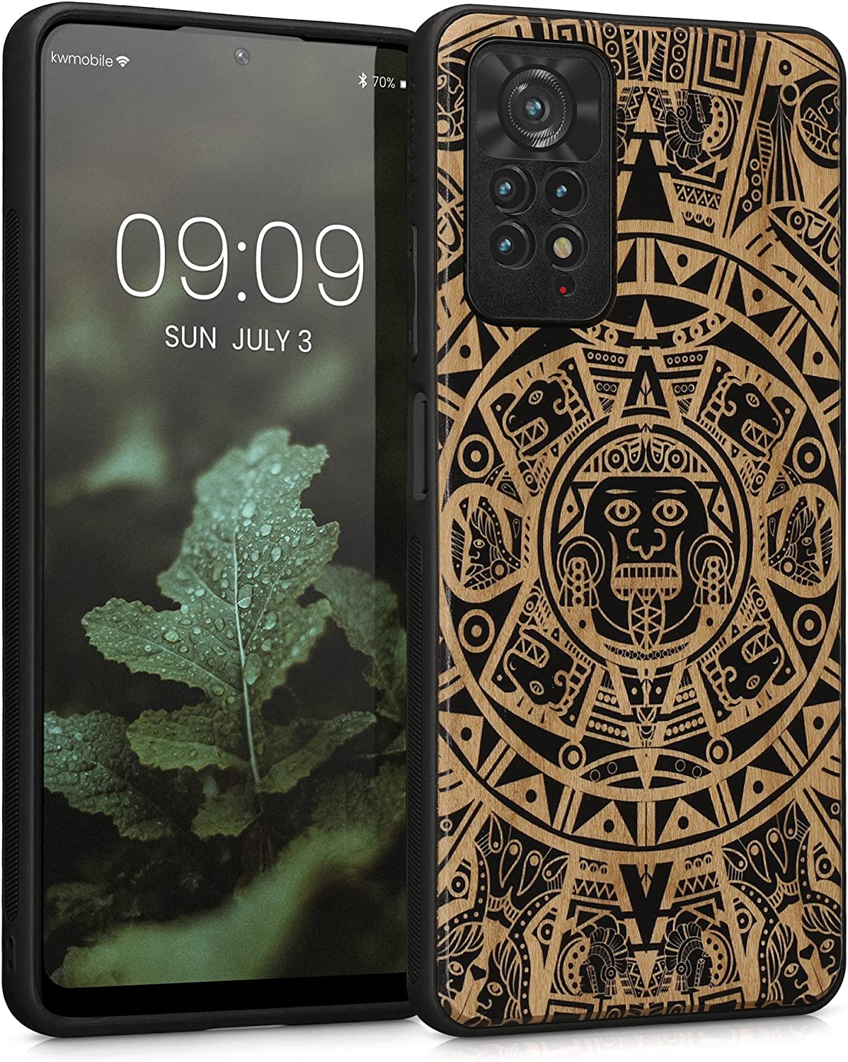 KW Xiaomi Redmi Note 11 Pro / Note 11 Pro 5G Θήκη από Φυσικό Ξύλο - Design Mayan Calendar - Light Brown / Black - 57381.03
