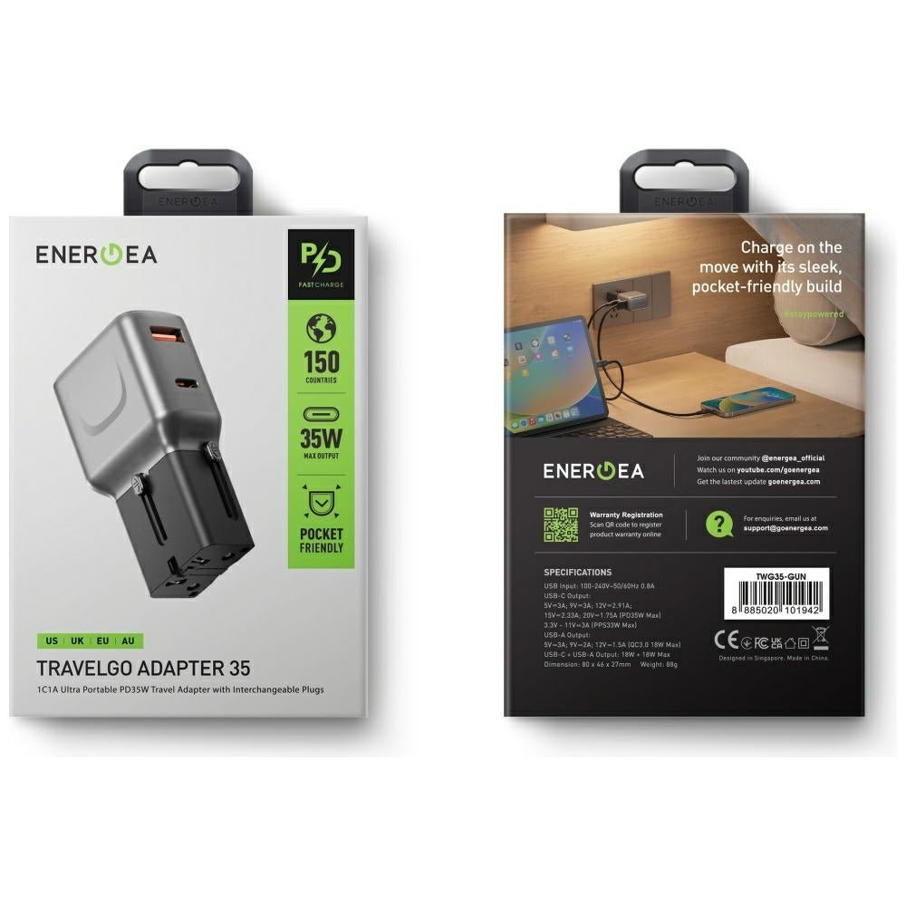 Energea TravelGo Adapter 35 - Οικιακός Φορτιστής Γρήγορης Φόρτισης με Eναλλάξιμα Bύσματα με 1 Θύρα USB και 1 Θύρα Type - C 35W - Graphite