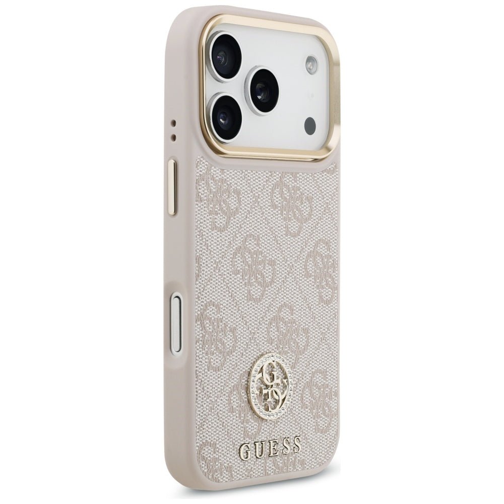 Guess iPhone 17 Pro - 4G Strass Logo and Big Strap Metal Buttons MagSafe - Θήκη με Επένδυση Συνθετικού Δέρματος και Λουράκι - Pink - GUHMP17LP4G4DCSP
