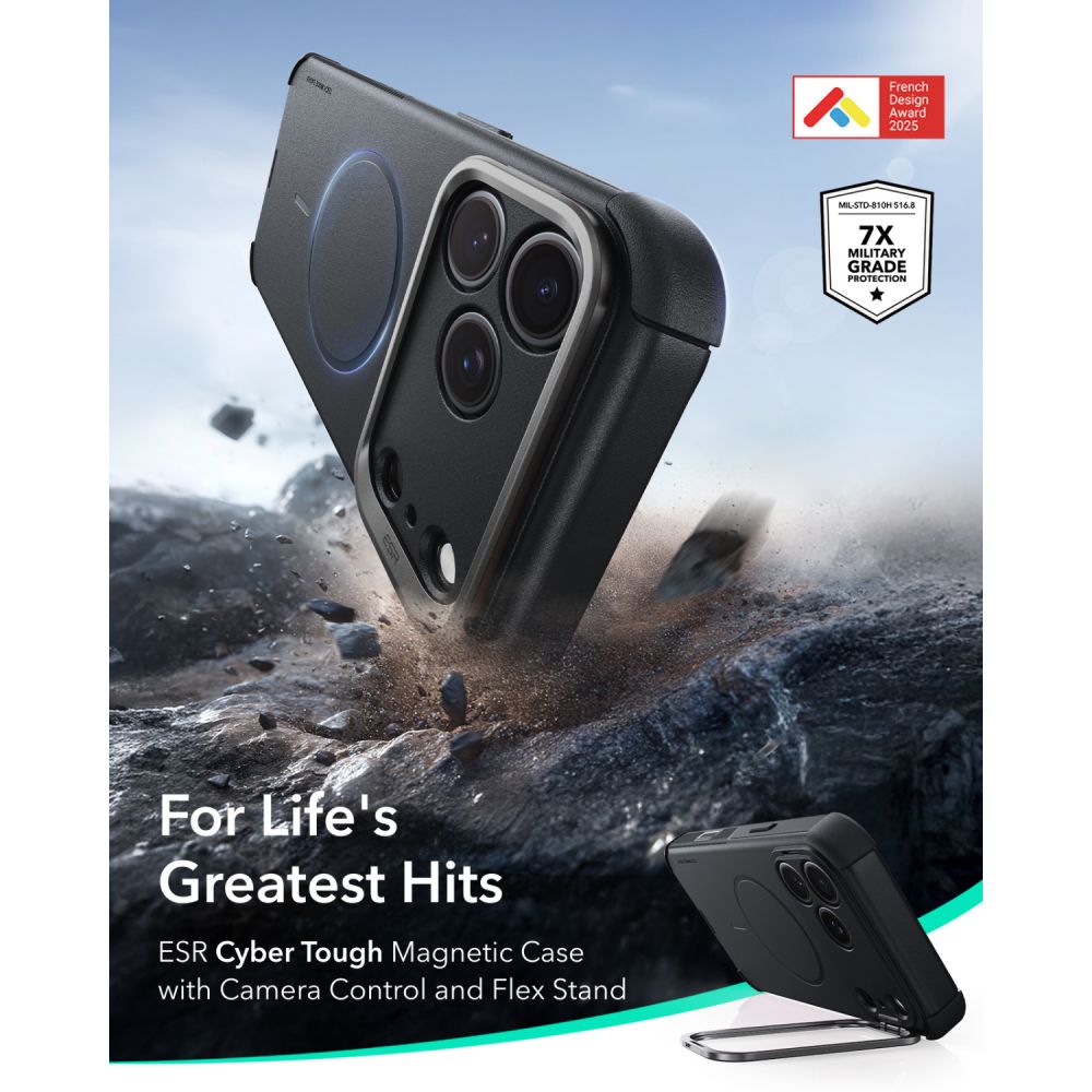ESR iPhone 17 Pro / iPhone 18 Pro - Σκληρή Θήκη MagSafe με Πλαίσιο Σιλικόνης και Σταντ - Cyber Tough Kickstand - Black