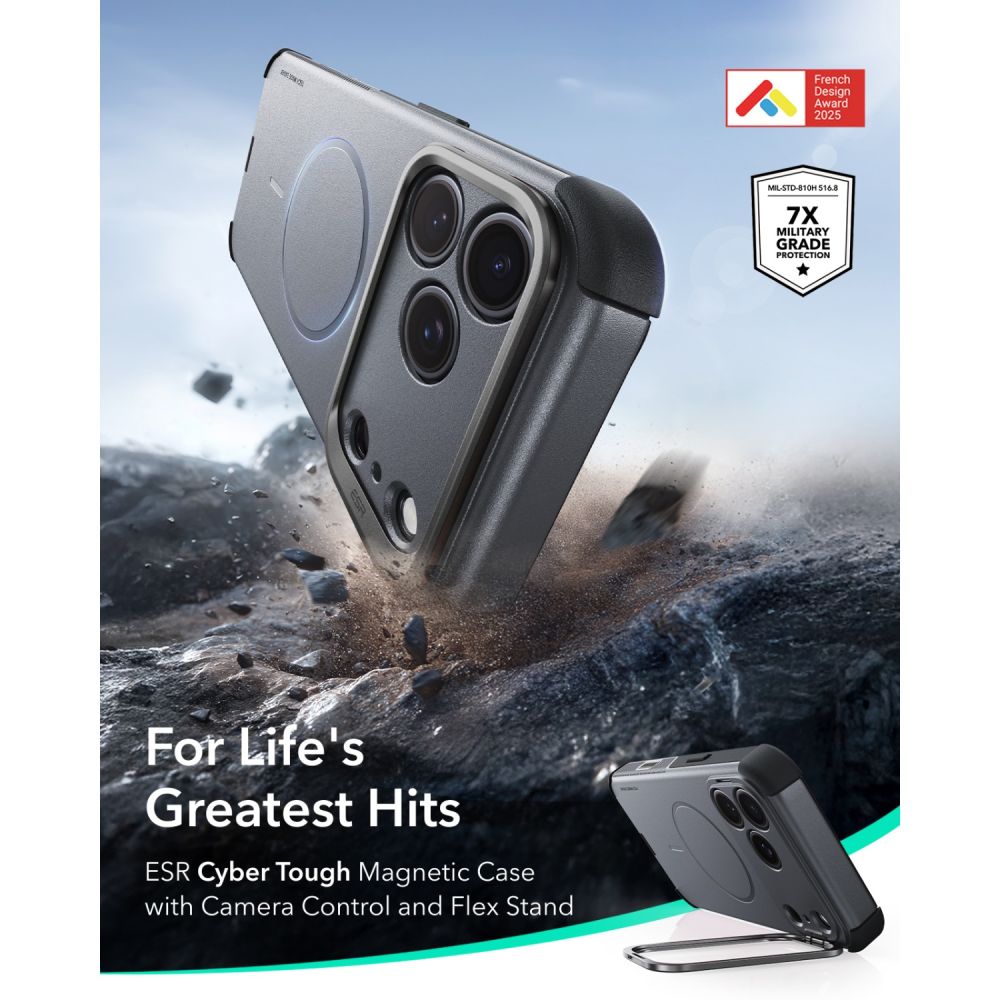 ESR iPhone 17 Pro / iPhone 18 Pro - Σκληρή Θήκη MagSafe με Πλαίσιο Σιλικόνης και Σταντ - Cyber Tough Kickstand - Grey