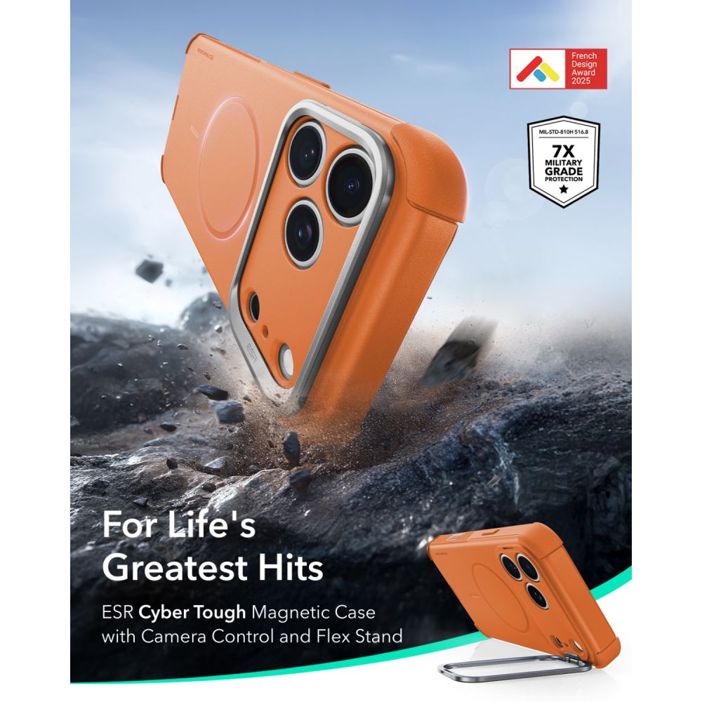 ESR iPhone 17 Pro / iPhone 18 Pro - Σκληρή Θήκη MagSafe με Πλαίσιο Σιλικόνης και Σταντ - Cyber Tough Kickstand - Orange