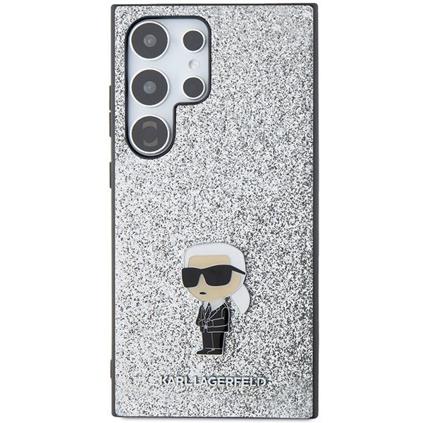 Karl Lagerfeld Samsung Galaxy S24 Ultra - Fixed Glitter Ikonik Logo Metal Pin - Σκληρή Θήκη με Πλαίσιο Σιλικόνης - Silver - KLHCS24LGCNPSG