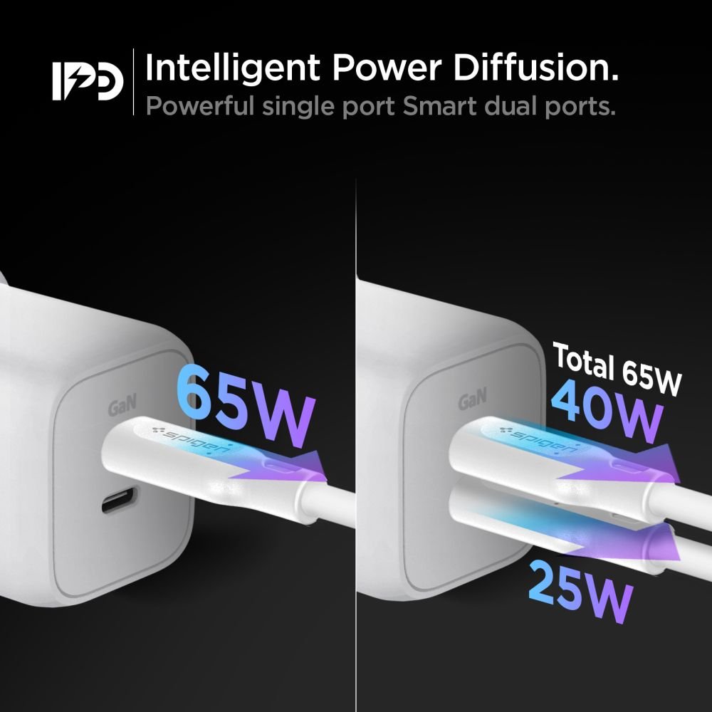 Spigen PE2106EU PowerArc PD 65W Οικιακός Φορτιστής Γρήγορης Φόρτισης με 2 Θύρες Type - C - White