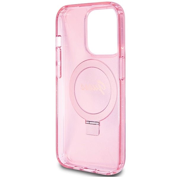 Guess iPhone 15 Pro Ring Stand Script Glitter Magsafe Σκληρή Θήκη με Πλαίσιο Σιλικόνης και MagSafe / Stand - Pink - GUHMP15LHRSGSP